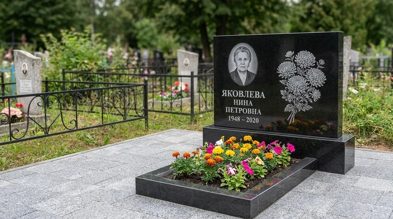 Гравировка хризантем на памятник в Ханты-Мансийске — пример работы на граните