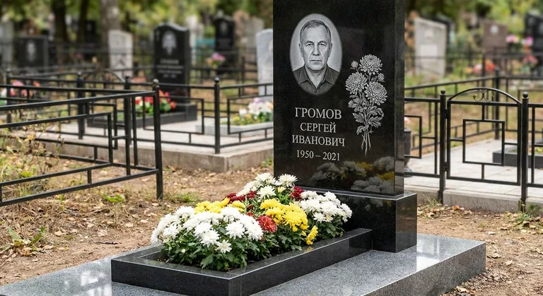Памятник с гравировкой хризантем — выполненная работа «Громов» в Ханты-Мансийске