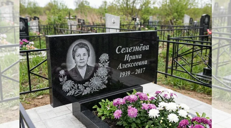 Памятник с гравировкой хризантем — выполненная работа «Селезнёва» в Ханты-Мансийске