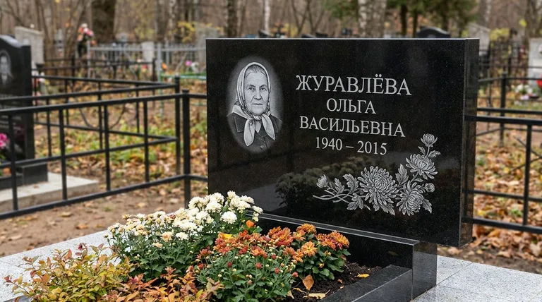 Памятник с гравировкой хризантем — выполненная работа «Журавлёва» в Ханты-Мансийске