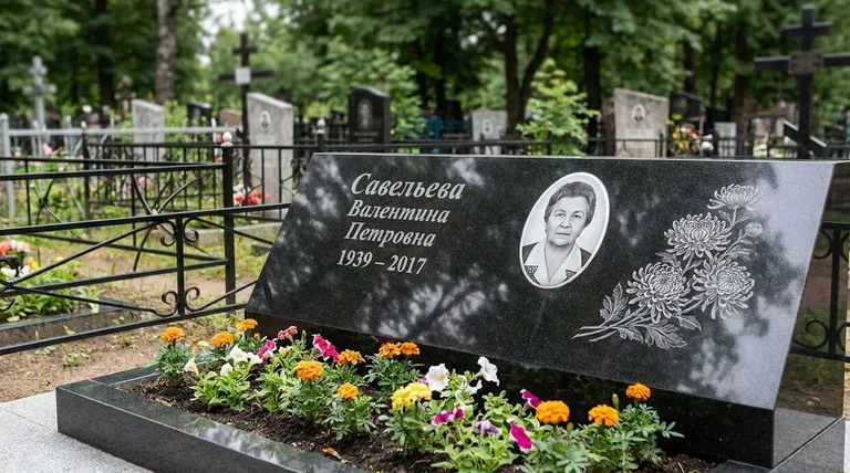 Памятник с гравировкой хризантем — выполненная работа «Савельева» в Ханты-Мансийске