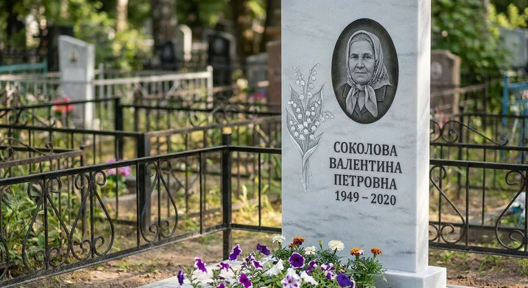 Памятник с гравировкой ландышей — выполненная работа «Соколова» в Ханты-Мансийске