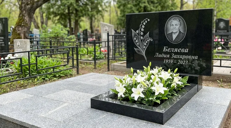 Памятник с гравировкой ландышей — выполненная работа «Беляева» в Ханты-Мансийске