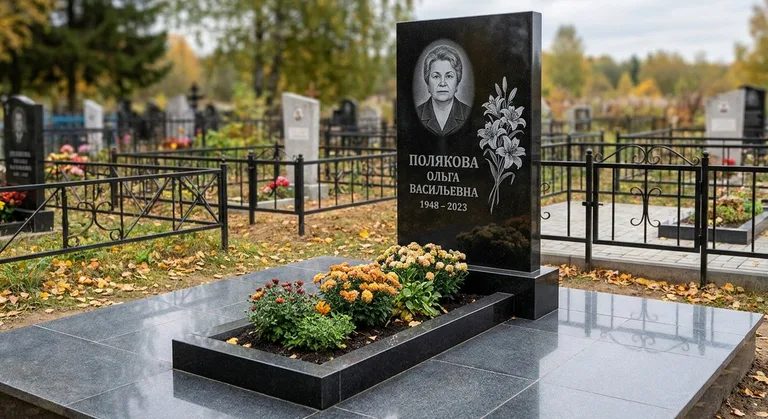 Памятник с гравировкой лилий — выполненная работа «Полякова» в Ханты-Мансийске