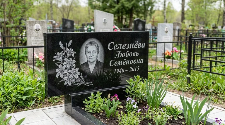Памятник с гравировкой лилий — выполненная работа «Селезнёва» в Ханты-Мансийске