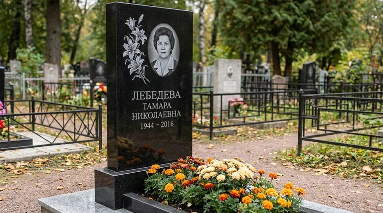 Памятник с гравировкой лилий — выполненная работа «Лебедева» в Ханты-Мансийске
