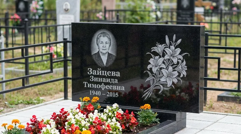 Памятник с гравировкой лилий — выполненная работа «Зайцева» в Ханты-Мансийске