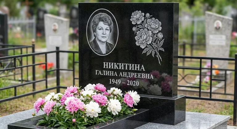 Памятник с гравировкой пионов — выполненная работа «Никитина» в Ханты-Мансийске