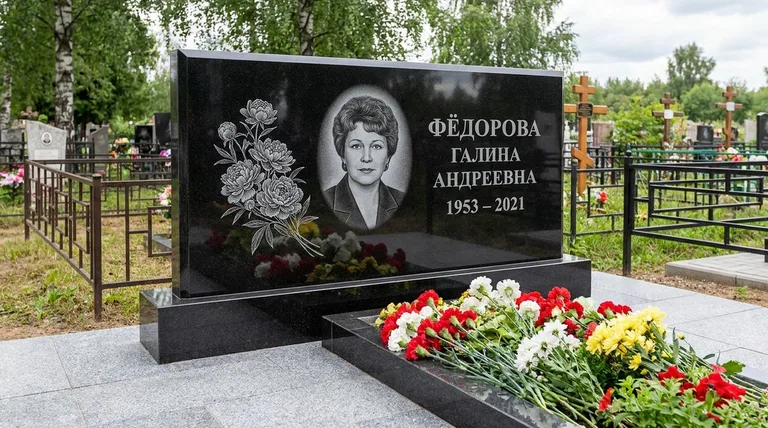 Памятник с гравировкой пионов — выполненная работа «Фёдорова» в Ханты-Мансийске