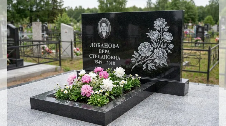 Памятник с гравировкой пионов — выполненная работа «Лобанова» в Ханты-Мансийске