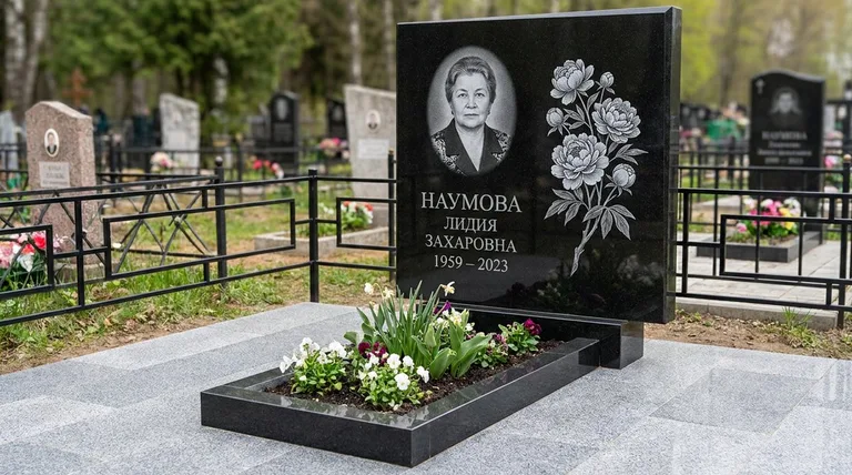 Памятник с гравировкой пионов — выполненная работа «Наумова» в Ханты-Мансийске