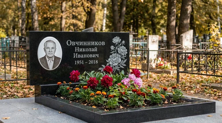 Памятник с гравировкой пионов — выполненная работа «Овчинников» в Ханты-Мансийске