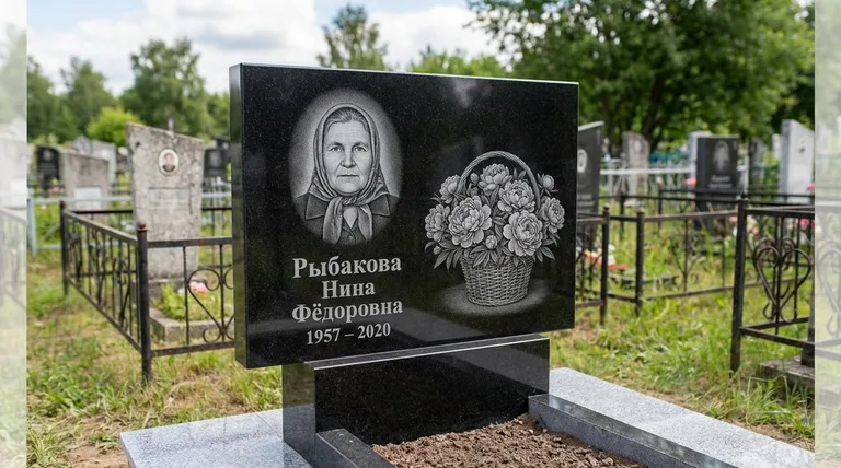 Памятник с гравировкой пионов — выполненная работа «Рыбакова» в Ханты-Мансийске