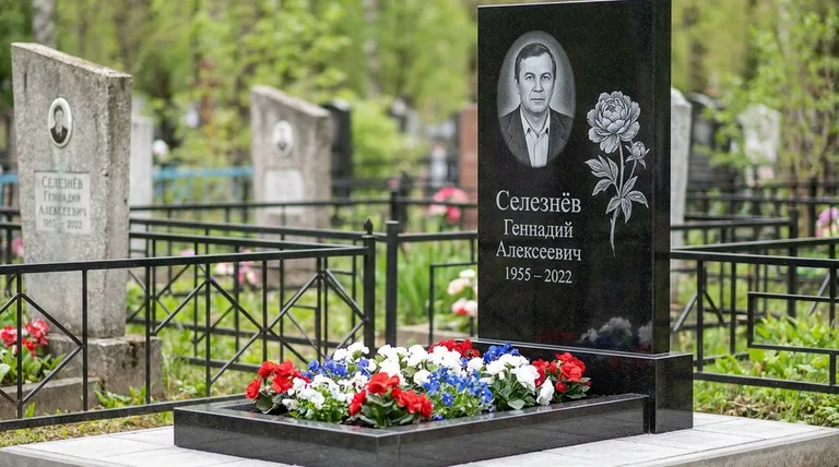 Памятник с гравировкой пионов — выполненная работа «Селезнёв» в Ханты-Мансийске