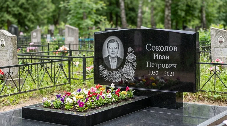 Памятник с гравировкой пионов — выполненная работа «Соколов» в Ханты-Мансийске