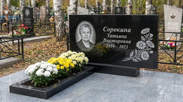 Памятник с гравировкой ромашек — выполненная работа «Сорокина» в Ханты-Мансийске