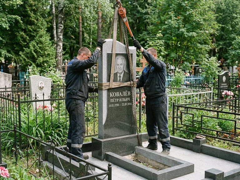 Демонтаж памятника на кладбище в Ханты-Мансийске — бригада аккуратно снимает старый гранитный памятник с могилы