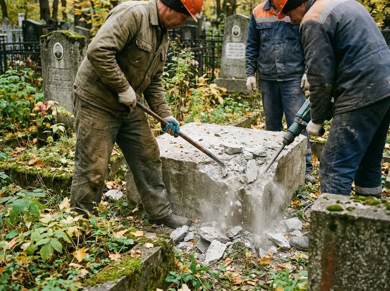 Демонтаж бетонного цоколя и тумбы памятника в Ханты-Мансийске