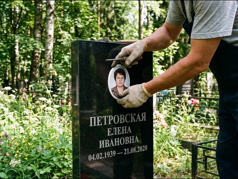 Фото на керамике на памятник в Ханты-Мансийске — мастер устанавливает овальный керамический портрет на гранитный памятник