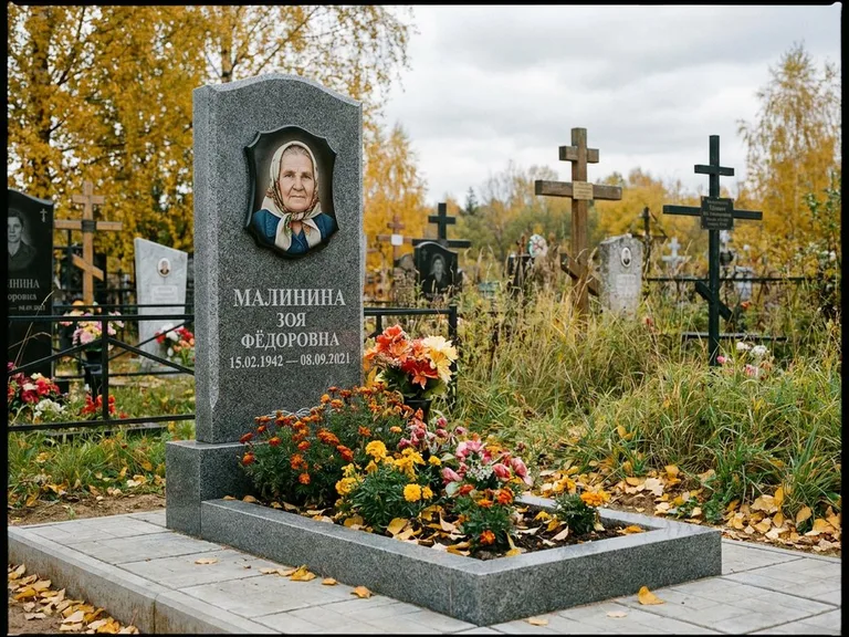 Чёрно-белый керамический портрет на памятнике в Ханты-Мансийске