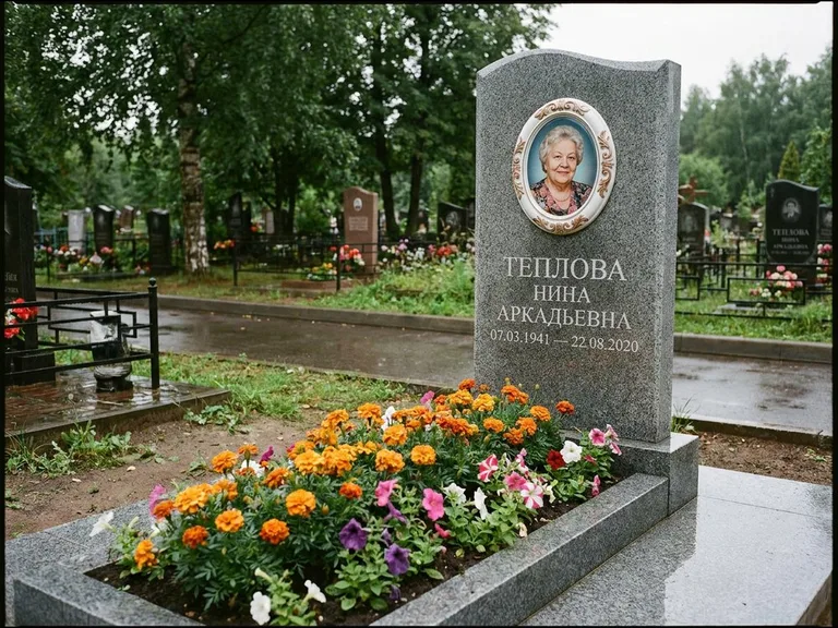 Керамический портрет на памятнике с цветами в Ханты-Мансийске
