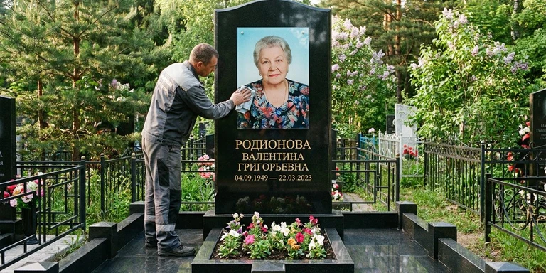 Фотокерамика и печать фото на памятник в Ханты-Мансийске — мастер устанавливает цветной портрет на стекле на гранитный памятник