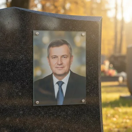 Портрет на стекле на держателях на чёрном граните в Ханты-Мансийске