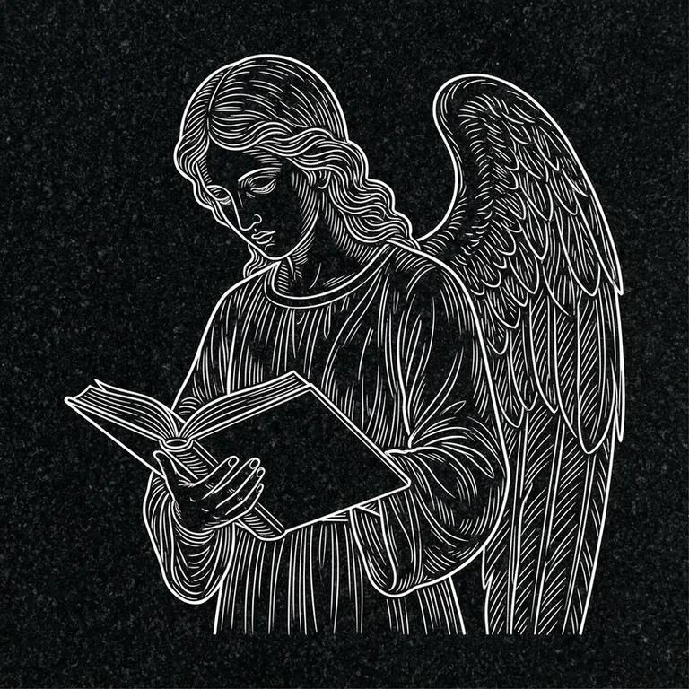 Эскиз гравировки ангела на памятник — ангел с раскрытой книгой в Ханты-Мансийске
