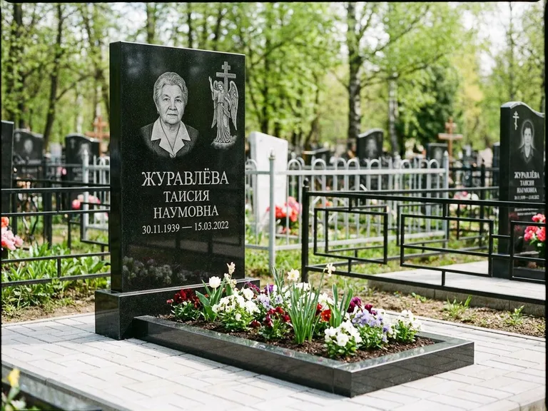 Памятник с гравировкой ангела — гравировка ангела с голубем по диагонали стелы, работа «Журавлёва» в Ханты-Мансийске