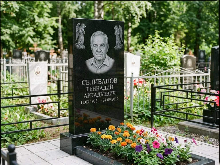 Памятник с гравировкой ангела — гравировка двух ангелов по сторонам портрета, работа «Селиванов» в Ханты-Мансийске