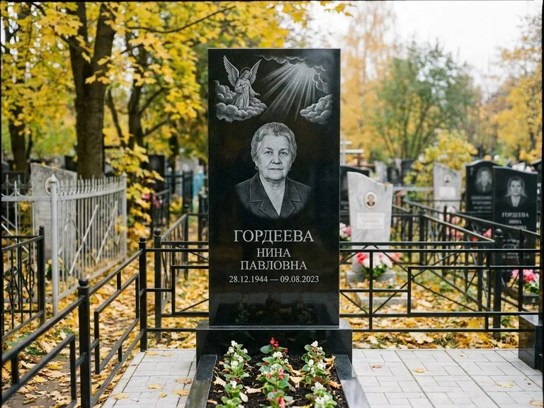 Памятник с гравировкой ангела — гравировка ангела в облаках с лучами над портретом, работа «Гордеева» в Ханты-Мансийске