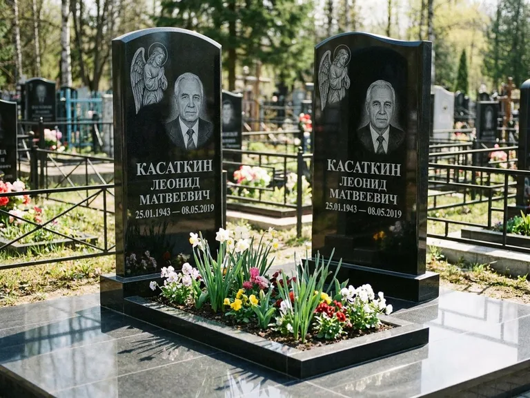 Памятник с гравировкой ангела — гравировка молящегося ангела в верхней части стелы, работа «Касаткин» в Ханты-Мансийске