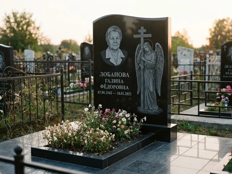 Памятник с гравировкой ангела — гравировка ангела с крестом рядом с эпитафией, работа «Лобанова» в Ханты-Мансийске