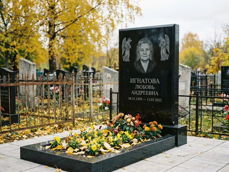 Памятник с гравировкой ангела — гравировка двух ангелов по сторонам портрета, работа «Игнатова» в Ханты-Мансийске