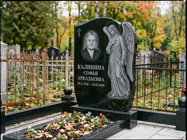 Памятник с гравировкой ангела — гравировка ангела с крестом рядом с эпитафией, работа «Игнатова» в Ханты-Мансийске