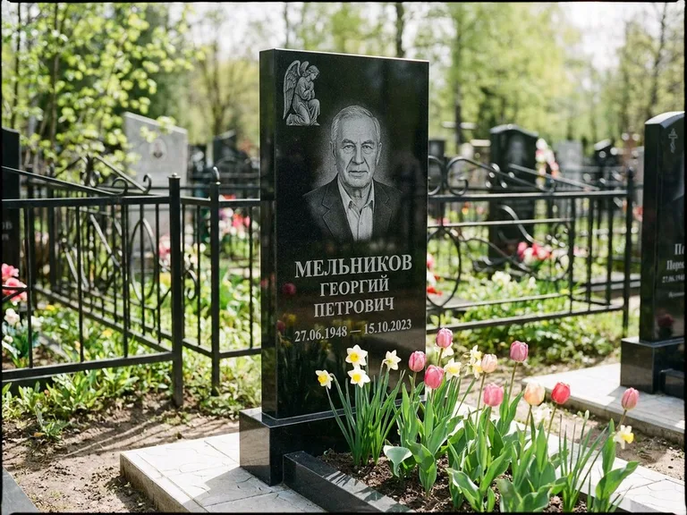 Памятник с гравировкой ангела — гравировка ангела с голубем по диагонали стелы, работа «Доронин» в Ханты-Мансийске
