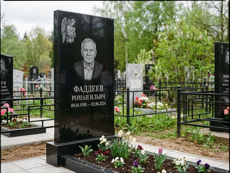 Памятник с гравировкой ангела — гравировка молящегося ангела в верхней части стелы, работа «Фаддеев» в Ханты-Мансийске