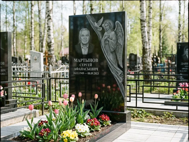 Памятник с гравировкой ангела — гравировка двух ангелов по сторонам портрета, работа «Касаткин» в Ханты-Мансийске
