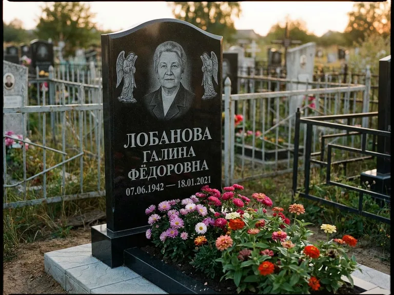 Памятник с гравировкой ангела — гравировка двух ангелов по сторонам портрета, работа «Лобанова» в Ханты-Мансийске