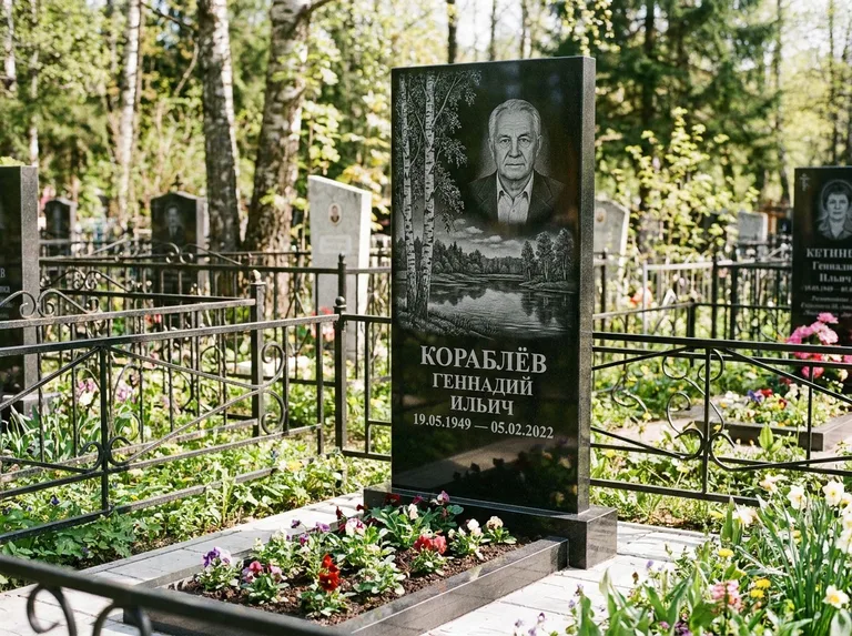 Памятник с гравировкой берёзы — гравировка берёзы у зеркального озера, работа «Кораблёв» в Ханты-Мансийске