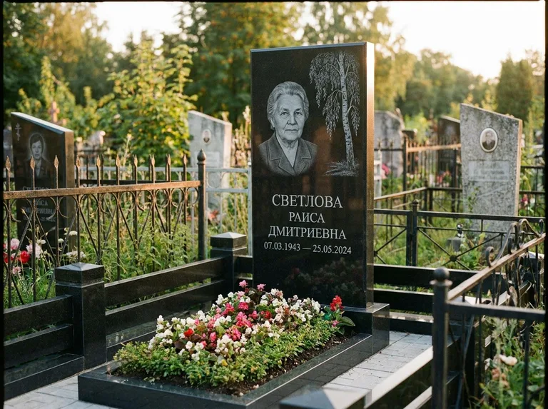 Памятник с гравировкой берёзы — гравировка плакучей берёзы с тонкими ветвями, работа «Светлова» в Ханты-Мансийске