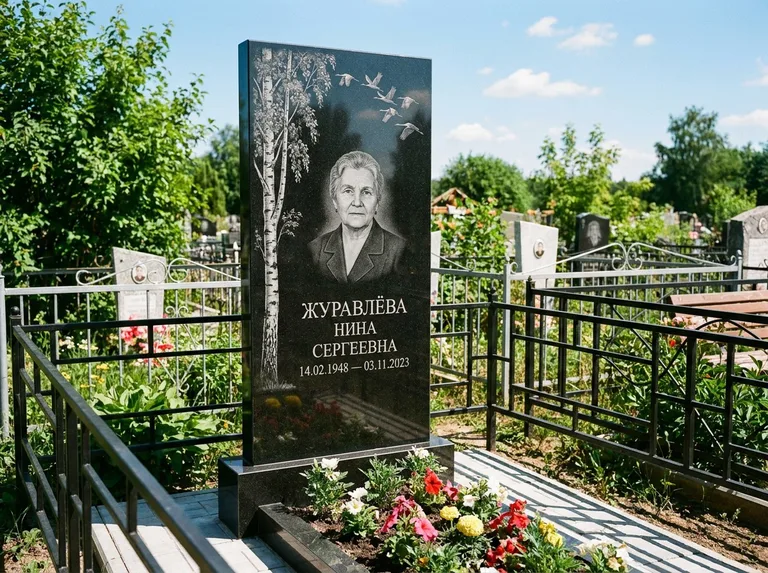 Памятник с гравировкой берёзы — гравировка берёзы с журавлиным клином в небе, работа «Журавлёва» в Ханты-Мансийске