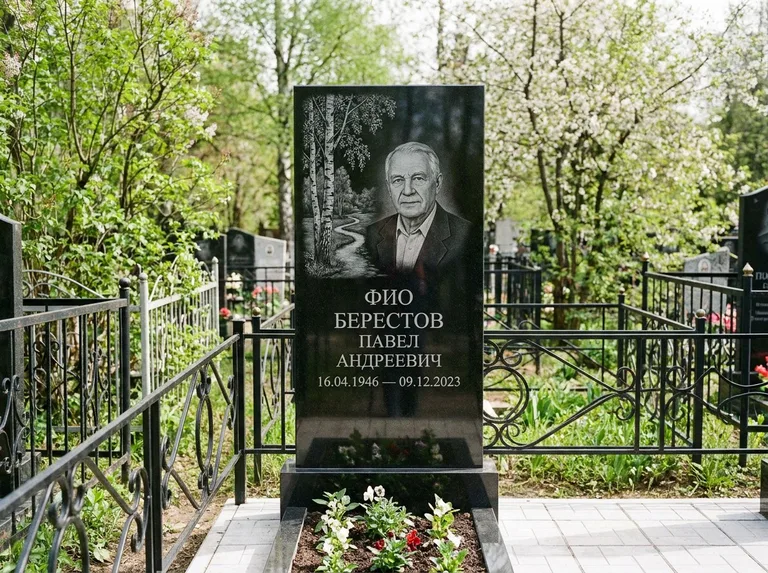 Памятник с гравировкой берёзы — гравировка берёзы у тропинки, уходящей вдаль, работа «Берестов» в Ханты-Мансийске