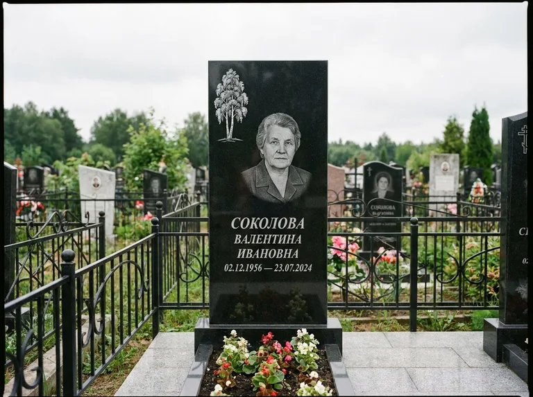 Памятник с гравировкой берёзы — гравировка одинокой берёзы над именем, работа «Соколова» в Ханты-Мансийске
