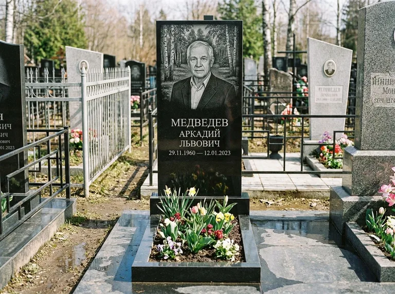 Памятник с гравировкой берёзы — гравировка берёзовой рощи в глубину, работа «Медведев» в Ханты-Мансийске