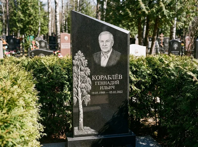 Памятник с гравировкой берёзы: асимметричная скошенная стела — объёмная одинокая берёза с фактурной корой, живая изгородь из туи, работа «Кораблёв» в Ханты-Мансийске