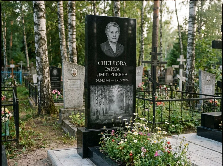 Памятник с гравировкой берёзы: двойная семейная стела — берёзовая роща в лёгкой дымке, цветник с полевыми цветами, работа «Светлова» в Ханты-Мансийске
