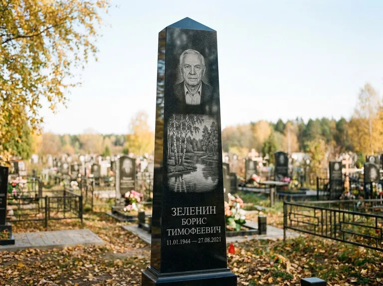 Памятник с гравировкой берёзы: гранёный обелиск-колонна — берёза у воды с отражением, открытый участок, мягкий свет, работа «Зеленин» в Ханты-Мансийске