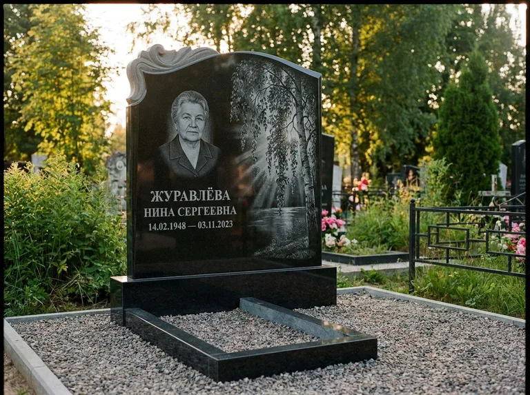 Памятник с гравировкой берёзы: стела с фигурным резным верхом — плакучая берёза в контровом свете, гравийная отсыпка, рассвет, работа «Журавлёва» в Ханты-Мансийске