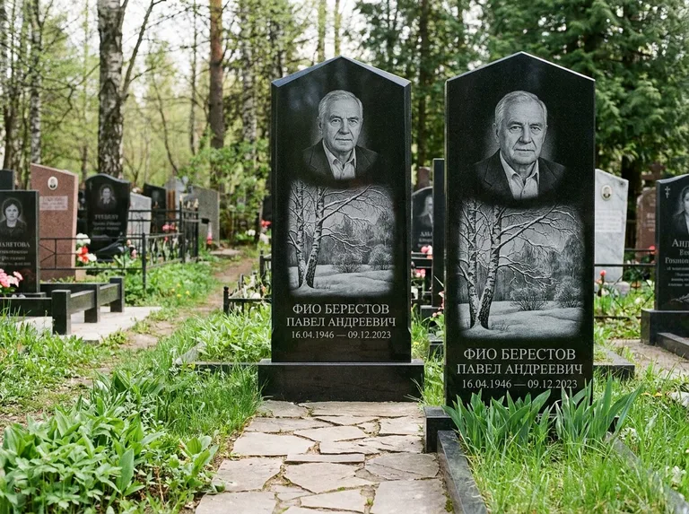 Памятник с гравировкой берёзы: массивная стела с двускатным навершием — зимняя берёза, снег на ветвях, дорожка из природного плитняка, работа «Берестов» в Ханты-Мансийске